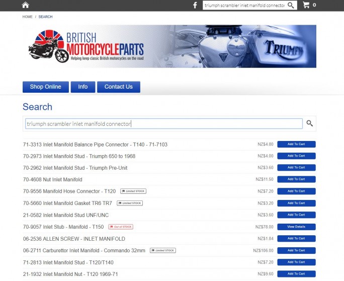 British Motorcycle Parts website search screenshot